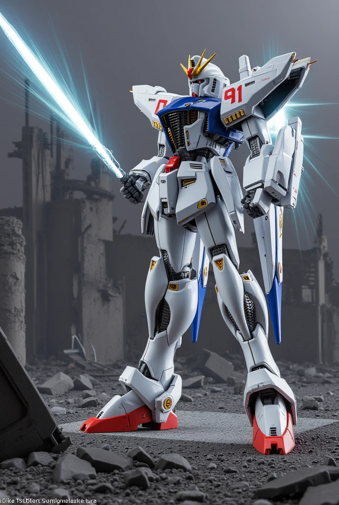 robot gladiator"F91" ,  holds a beam saber that emits light , Shield of Light Prevent with Beam Shield  , background:Battle zone using abandoned colonies