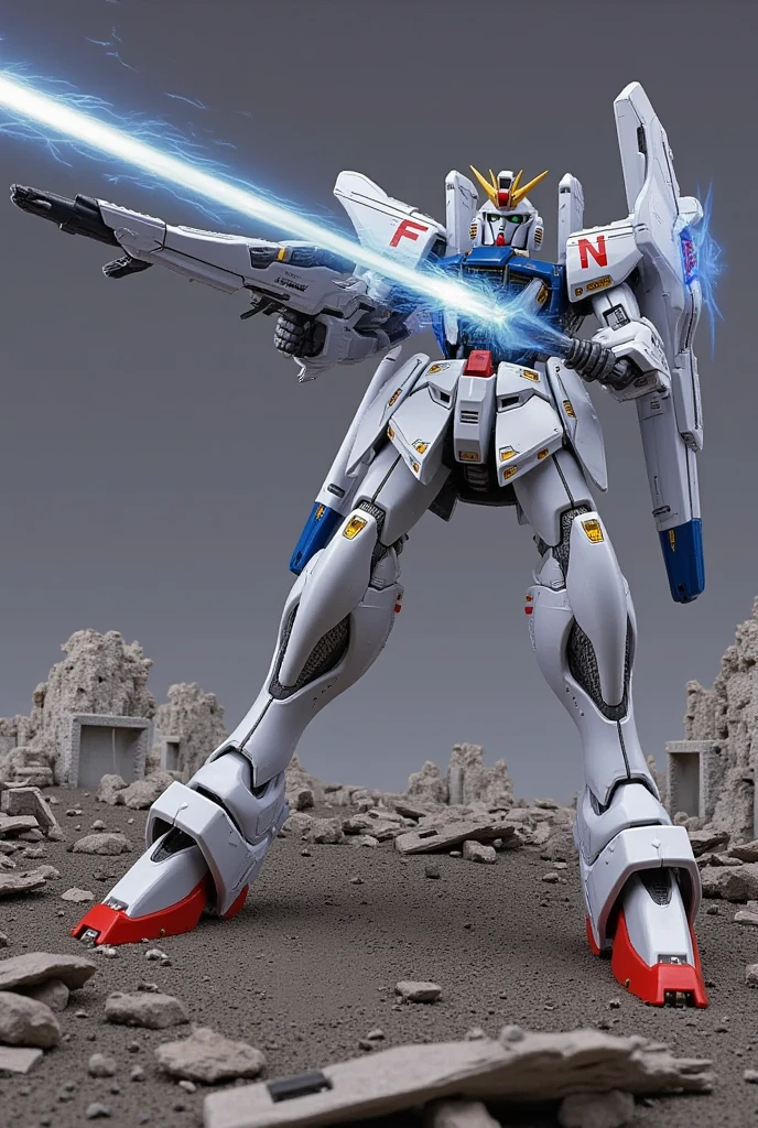 robot gladiator"F91" ,  holds a beam saber that emits light , Shield of Light Prevent with Beam Shield  , background:Battle zone using abandoned colonies