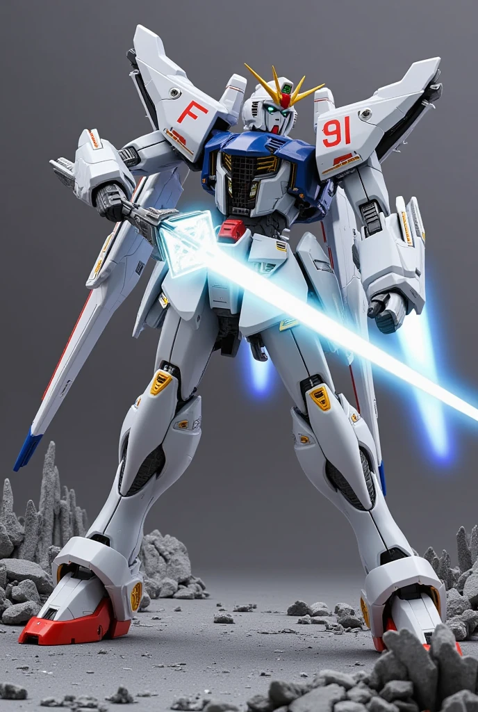 robot gladiator"F91" ,  holds a beam saber that emits light , Shield of Light Prevent with Beam Shield  , background:Battle zone using abandoned colonies