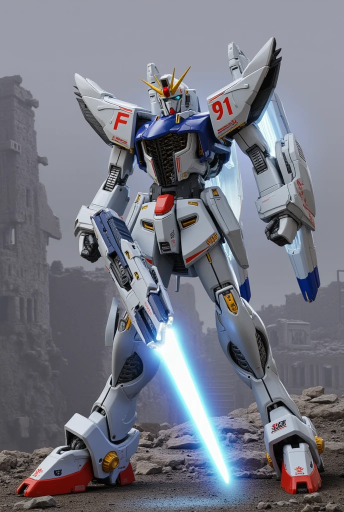 robot gladiator"F91" ,  holds a beam saber that emits light , Shield of Light Prevent with Beam Shield  , background:Battle zone using abandoned colonies