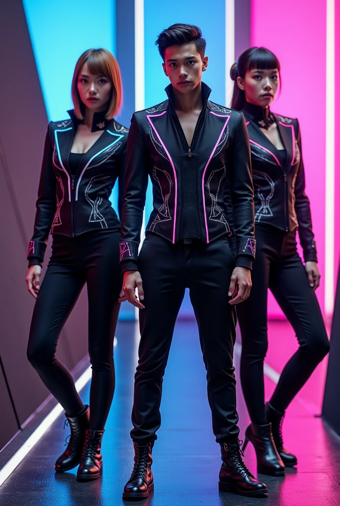 arafed image of a man and a woman in a suit and tie, three futuristic princes, woman is stunningly beautiful, woman with midsize firm breasts, NETRUNNERS, futuristic clothing, wearing futuristic white suit, wearing futuristic clothing, cybersuits, futuristic clothes, futuristic cyber clothing, futuristic fashion clothing, biopunk futuristic wardrobe, cyber suit, futuristic fashion, futuristic tech wear, diverse cybersuits, cyber wear, futuristic royalty