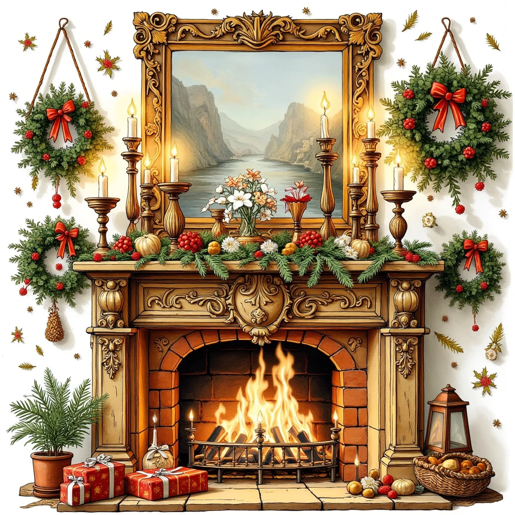 a close up of a fireplace with candles and decorations on it, fireplace, 典雅, High decoration, ornately decorated, traditional fireplace, 装饰精美的, cosy fireplace, warm fireplace, Beautiful decoration, author：Carol Bove, [ Christmas Eve, 火光熊熊, 华丽细腻, Gorgeous and elegant,  a surreal , Candlelight, Very gorgeous