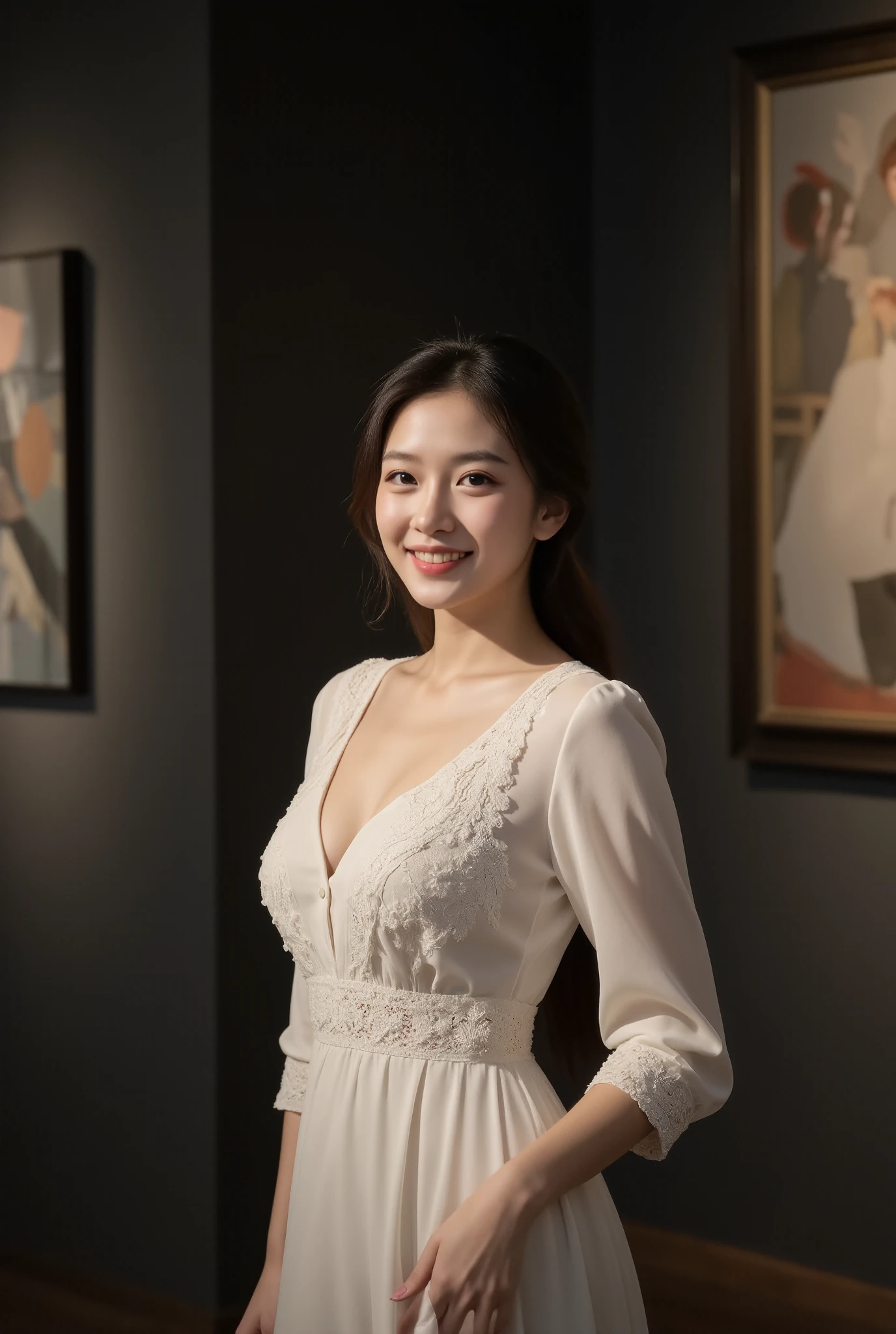 Set in an elegant art gallery, the Asian woman stands gracefully against charcoal gray walls that contrast with her attire. Dressed in an elegant white blouse adorned with an intricate lace pattern, she makes for sophistication and elegance, spotlights illuminate her from the background. On creating a stunning shadow that dances across the wall, adding interest to this scene, the atmospheric lighting creates a warm and inviting glow, highlighting her fair complexion and delicate features. Her face is assured, her lips rounded off into a gentle smile as she Look directly into the camera and invite a connection to the elements The introduction balances her shape with the abstract artwork in the background, making the audience appreciate the harmony between her presence and the artistic environment, creating a captivating dialogue between her subject and her environment.