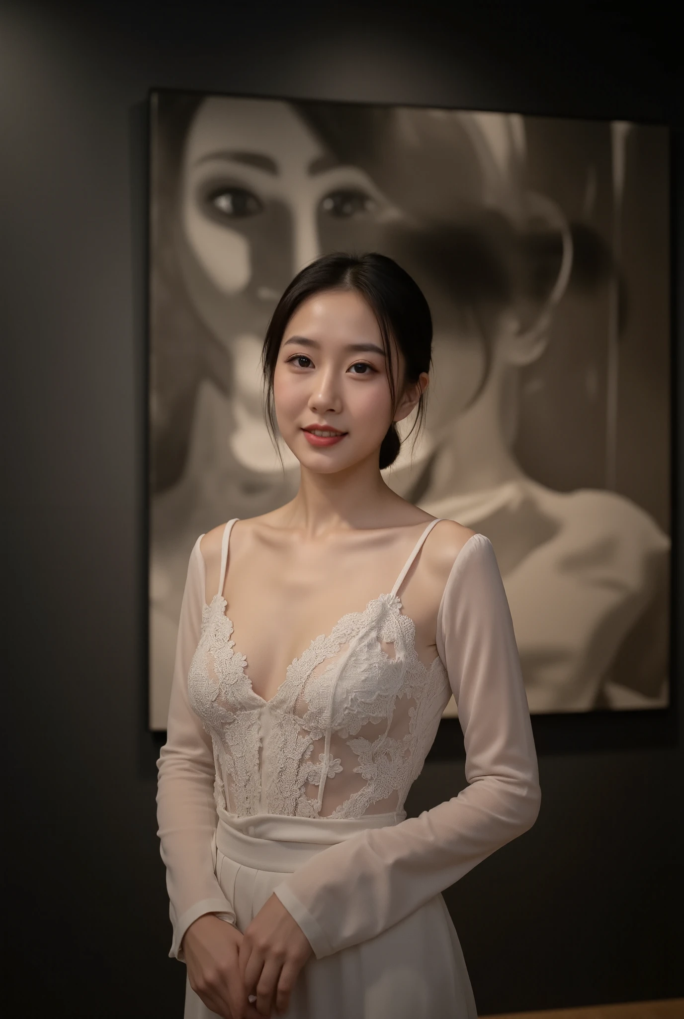 Set in an elegant art gallery, the Asian woman stands gracefully against charcoal gray walls that contrast with her attire. Dressed in an elegant white blouse adorned with an intricate lace pattern, she makes for sophistication and elegance, spotlights illuminate her from the background. On creating a stunning shadow that dances across the wall, adding interest to this scene, the atmospheric lighting creates a warm and inviting glow, highlighting her fair complexion and delicate features. Her face is assured, her lips rounded off into a gentle smile as she Look directly into the camera and invite a connection to the elements The introduction balances her shape with the abstract artwork in the background, making the audience appreciate the harmony between her presence and the artistic environment, creating a captivating dialogue between her subject and her environment.