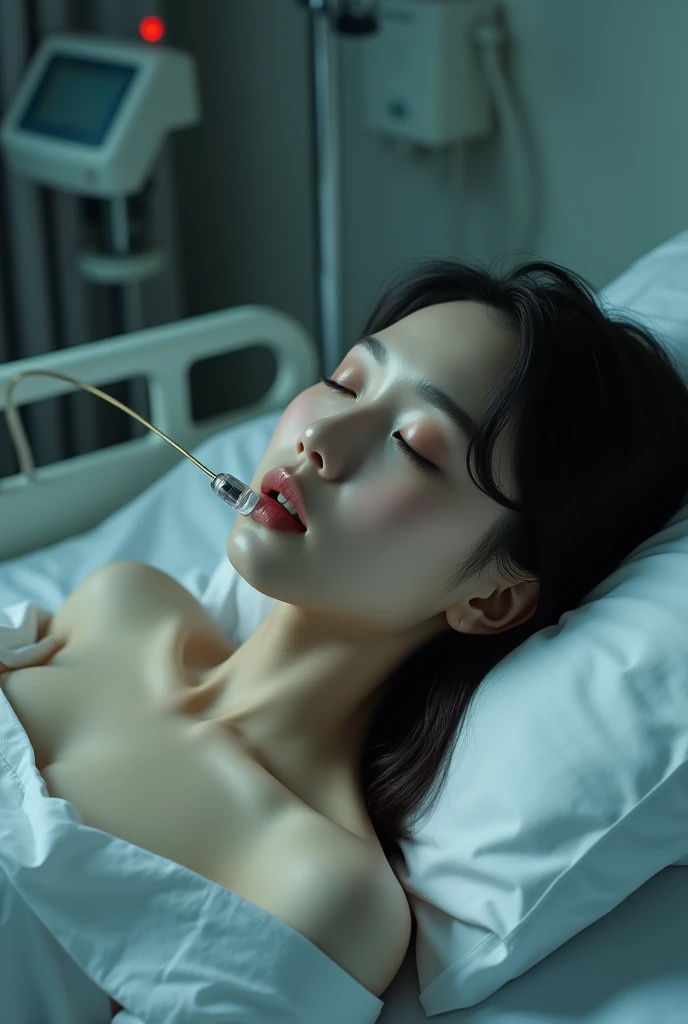 In the dark operating room，girl(Lie on a stretcher)，(General paralysis)，The whole body is in the picture，body white and flawless，(Wet translucent)Common，((medical instruments))，(ECG monitoring)，during surgery，