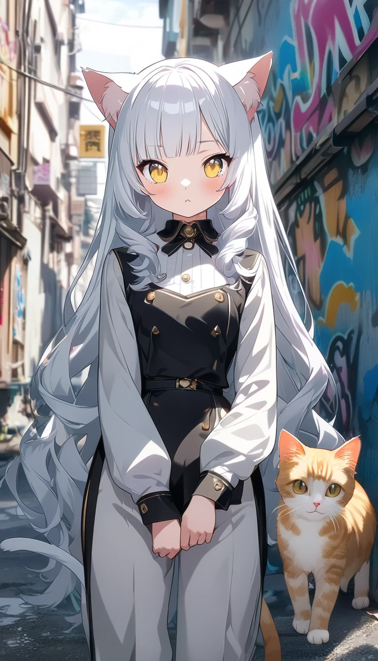 cat耳少女,  cute cat ears, 非常に現実的な白いcat,  surreal ,  RAW photo ,  Perfect Anatomy,  long white hair ,  very long hair , Straight perm, bangs,  yellow eyes, New Look, (((  cuteモコモコcatの服))), (((部屋いっぱいのcat , , cat))),  graffiti, HD artwork,  HD vector art  , Ultra-fine,  very detailed, top quality ,  cute,  funny