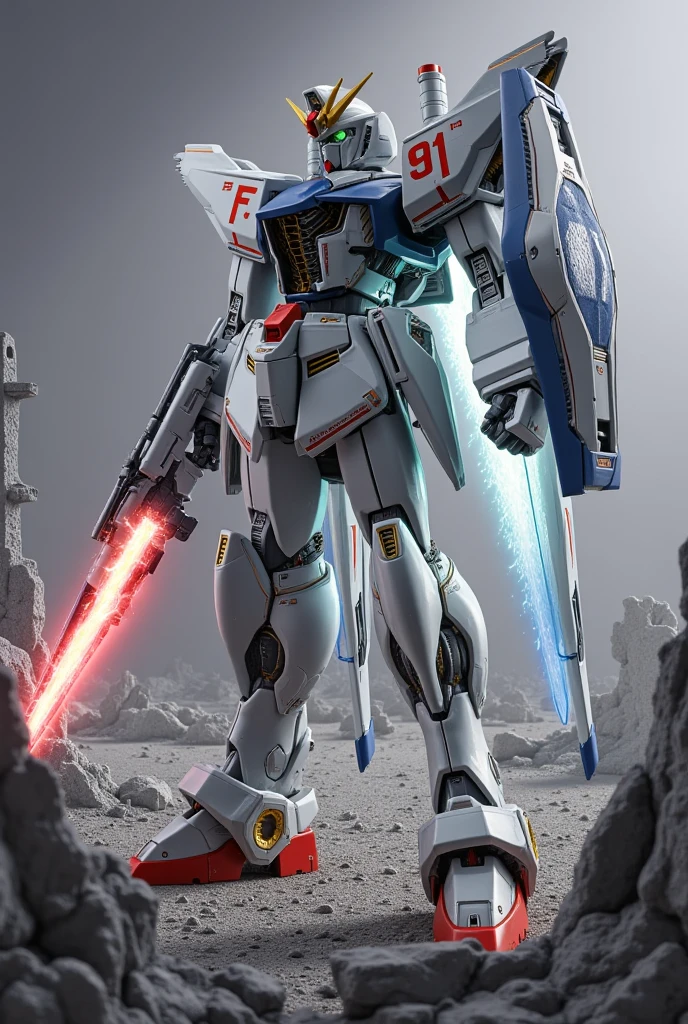 robot gladiator"F91" ,  holds a beam saber that emits light , Shield of Light Prevent with Beam Shield  , background:Battle zone using abandoned colonies