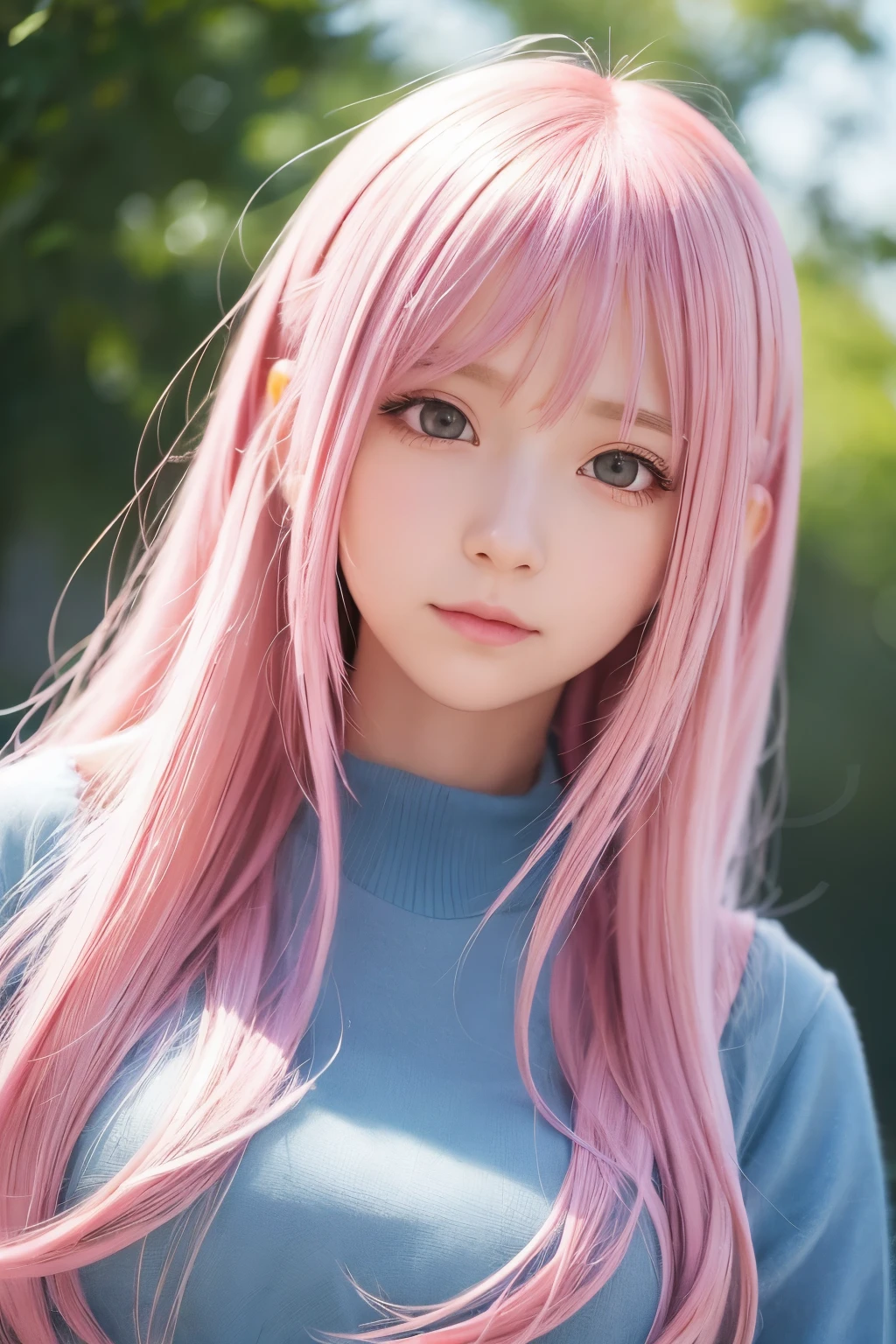 A close up of a person with long pink hair and a blue shirt - SeaArt AI