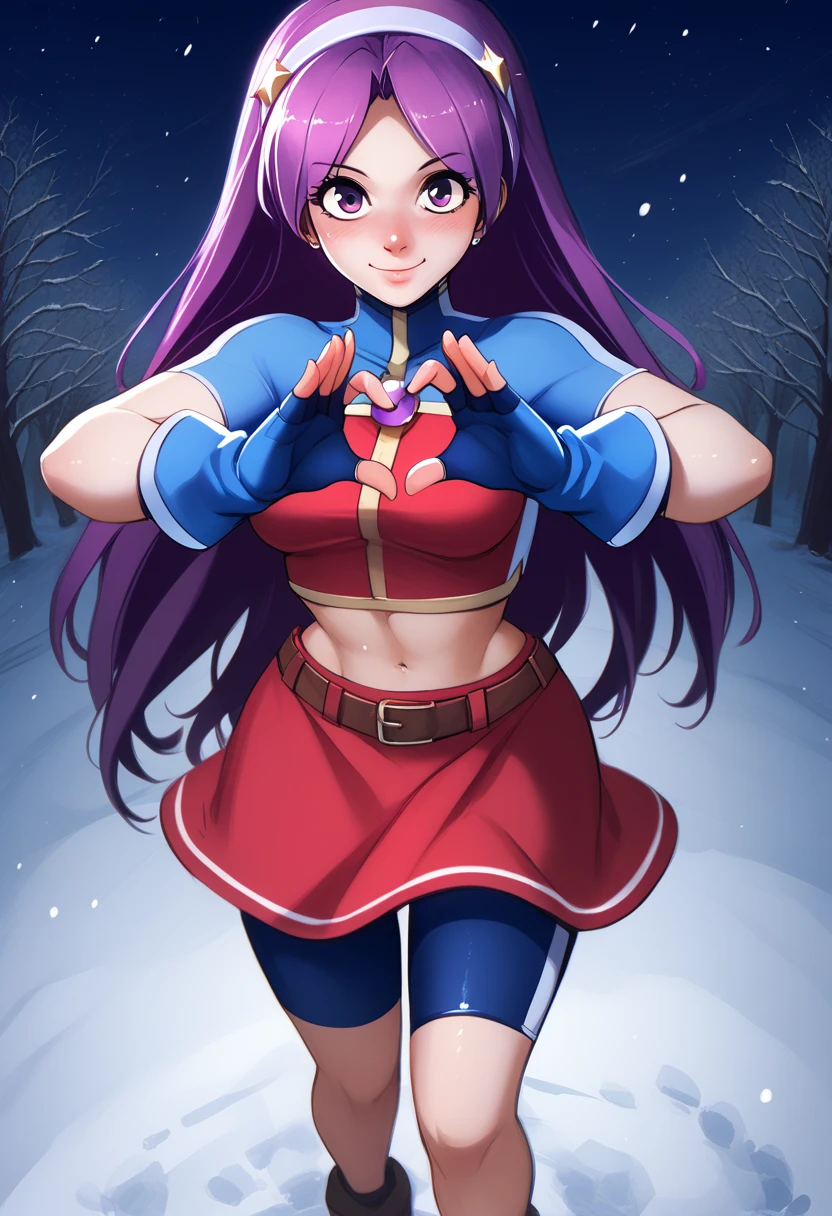 Masterpiece,best quality,ATHKOF2002, purple hair, long hair, purple eyes, white hairband, blue sleeves, pearl (gemstone), short sleeves, red top, belt, fingerless gloves, navel, red skirt, biker shorts,  blush, solo,skin tight clothes, standing , light breeze, night,snow,winter,shiny skin, midriff, (light smile:0.7), hentai ,webcomic ,p4l0m4, from above, cupping hands, dutch angel