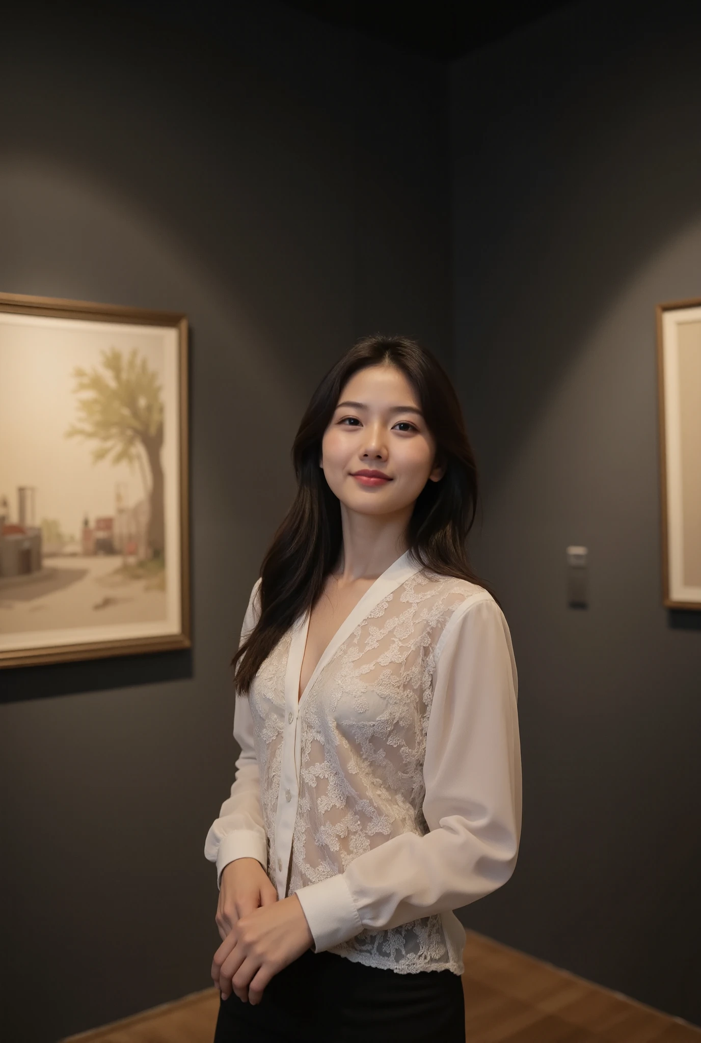 Set in an elegant art gallery, the Asian woman stands gracefully against charcoal gray walls that contrast with her attire. Dressed in an elegant white blouse adorned with an intricate lace pattern, she makes for sophistication and elegance, spotlights illuminate her from the background. On creating a stunning shadow that dances across the wall, adding interest to this scene, the atmospheric lighting creates a warm and inviting glow, highlighting her fair complexion and delicate features. Her face is assured, her lips rounded off into a gentle smile as she Look directly into the camera and invite a connection to the elements The introduction balances her shape with the abstract artwork in the background, making the audience appreciate the harmony between her presence and the artistic environment, creating a captivating dialogue between her subject and her environment.