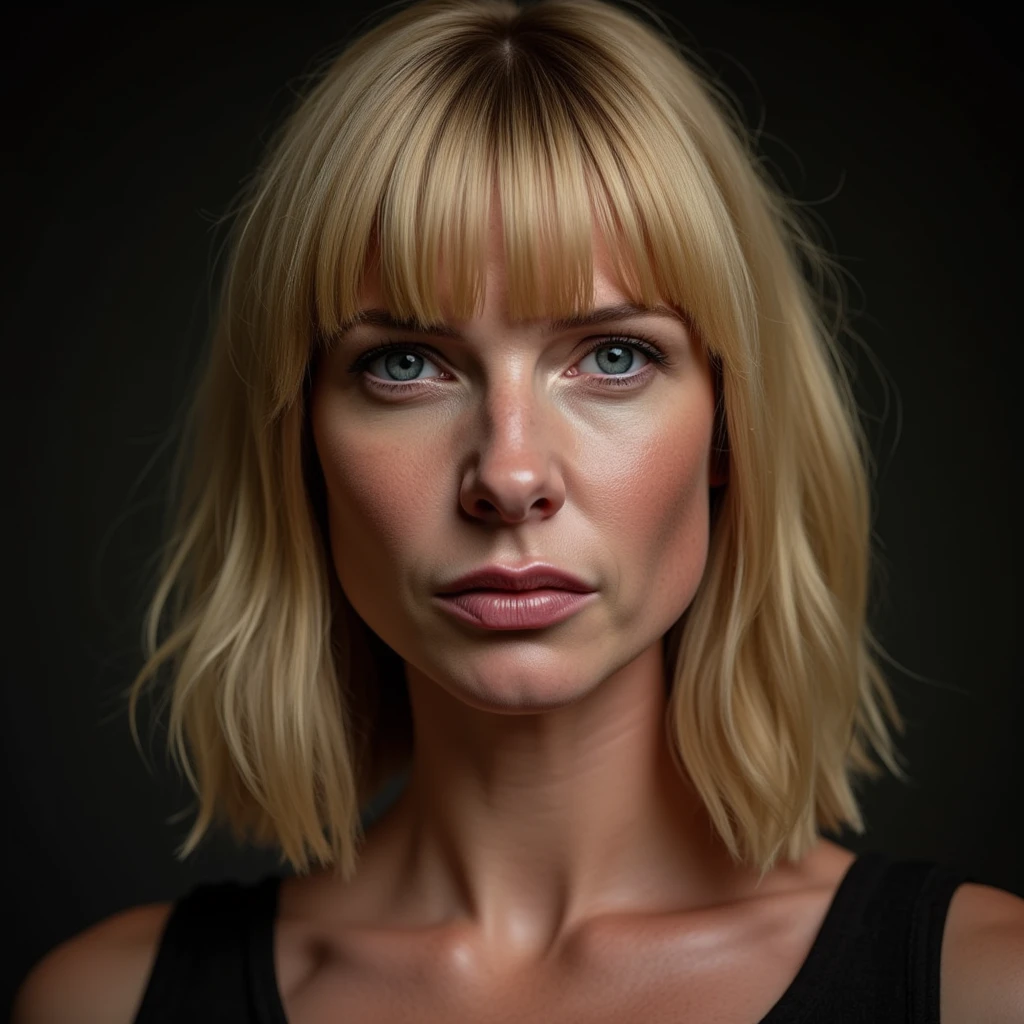 photographic, heavy angry face,   Front view,  New face make for feel model, neck from face upper only, American beautiful woman, Rebecca Ferguson, (blond middle hair, fringe nose tall, small lip),  (textured skin , HI detailed skin, super realism ,  masterpiece, Hi detail, skin)