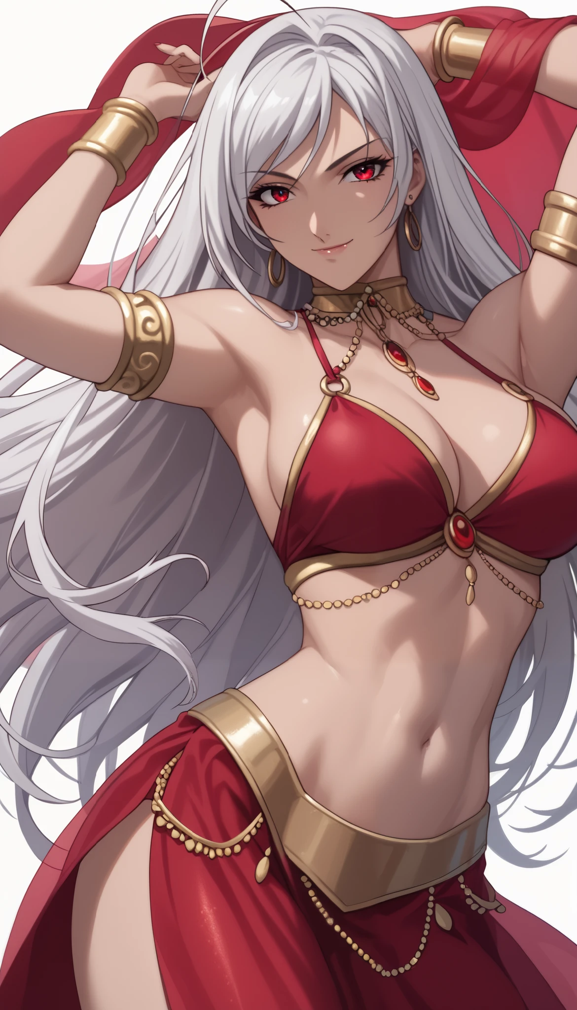 vampire moka akashiya, long hair, red eyes, ahoge, white hair, large breasts, arabian clothes, dancer, belly dancing, veil, armlet,, light smile,Shiny Hair、Tight waist、Small waist、Glowing Skin、(white background:1.2)、eight-headed body、Beauty、