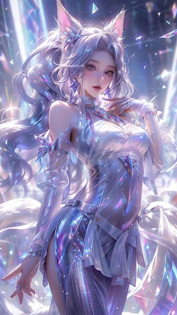  top quality ,masterpiece, Ultra High Resolution ,truthfully:4：0,ice crystals,snowstorm,beauty, kindly ,A hot oriental woman, Crystal Clear White Long Hair Flowing,White Fox Ears, full chest ,Slim waist, White Robe ,Pregnant,sideways,Above the waist,close up