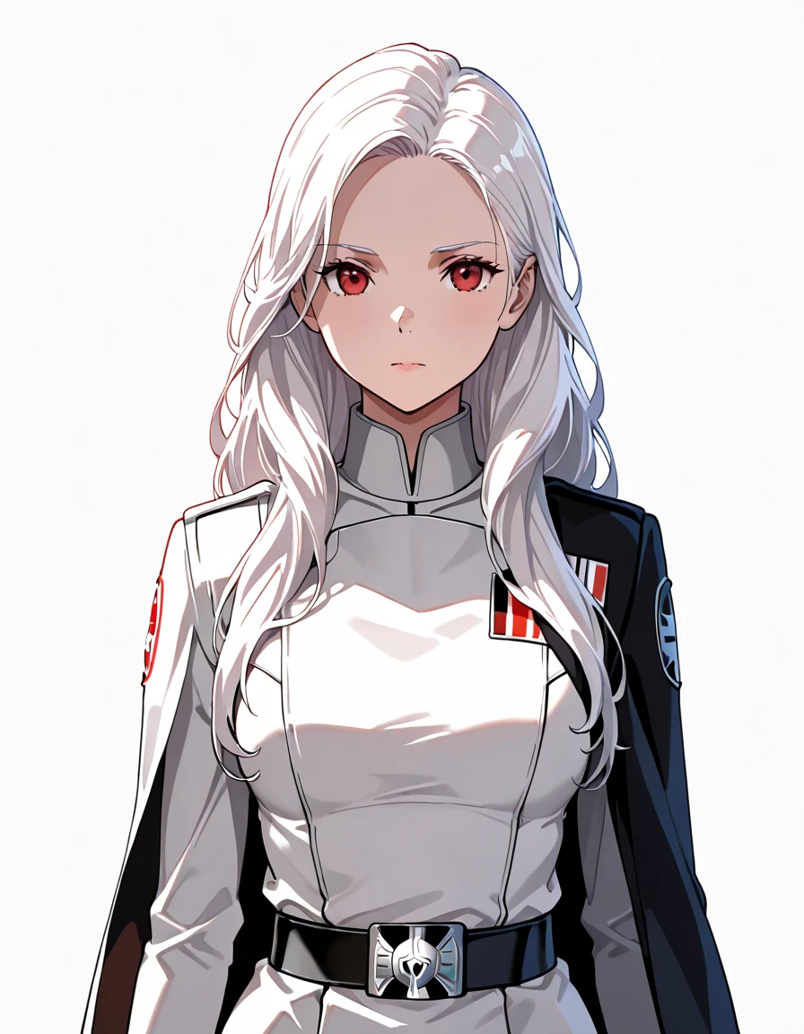 masterpiece,{{1girl}},white hair,red eyes,long hair,Star Wars Galactic Empire White Military uniform,standing,form,{{simple background}},{{white background}},standing pose,facing front,anime,upper body,face forcus,shoulder cloak,