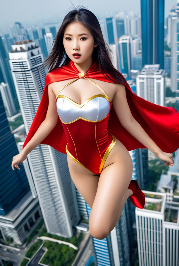 (best quality,ultra-detailed,realistic:1.37), digital illustration, (sexy woman wearing a superman costume), detailed eyes and face, beautiful detailed lips, red lips, sexy body, big breasts,long eyelashes, big breasts:1.5, Close-up photo, Sexy woman wearing a superman costume, long hair, ((Take a photo from below the thigh)),vibrant colors, dramatic lighting, comic book style, Sexy woman wearing a superman costume, position:standing, seductive pose, skyscraper background, view dark sky, tall buildings