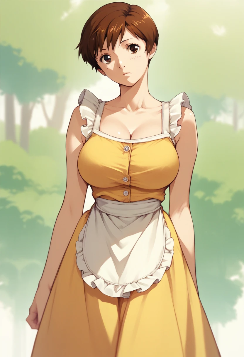 etsukoto, huge breasts,short hair,brown hair,brown eyes,
yellow dress, sleeveless dress, apron, white socks, mary janes