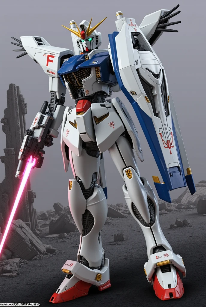 robot gladiator"F91" ,  holds a beam saber that emits light , Shield of Light Prevent with Beam Shield  , background:Battle zone using abandoned colonies