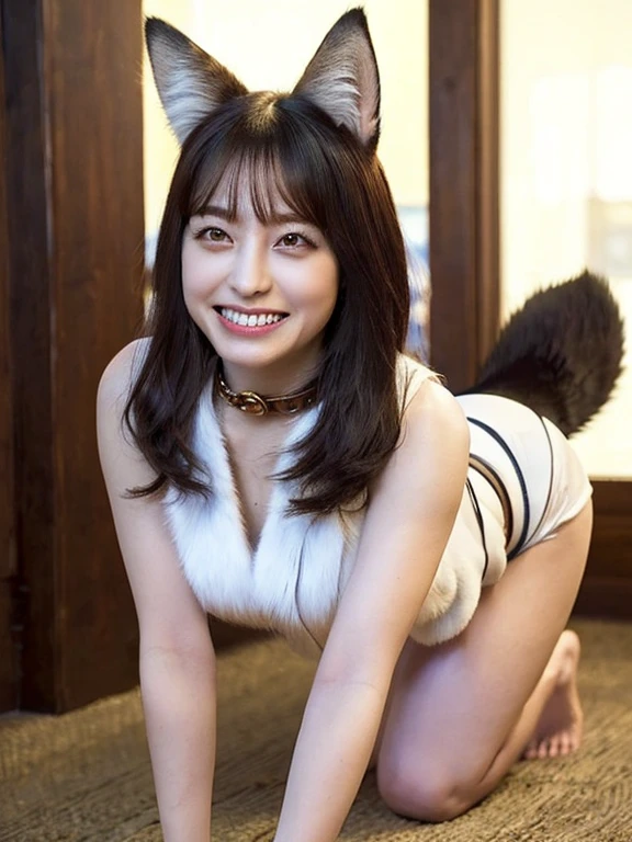 ((Highest quality, 8k)), ((masterpiece)), (Highest Resolution), Perfect Face, Fox Girl, high school girl, Beautiful woman, public, One tail, she has thick thighs, Big tail, She has a fluffy fox tail, She wags her tail, smile, Fur collar, She is wearing a short skirt, Beautiful ???? , ???????????, The skirt is rolled up at her tail, ????????????