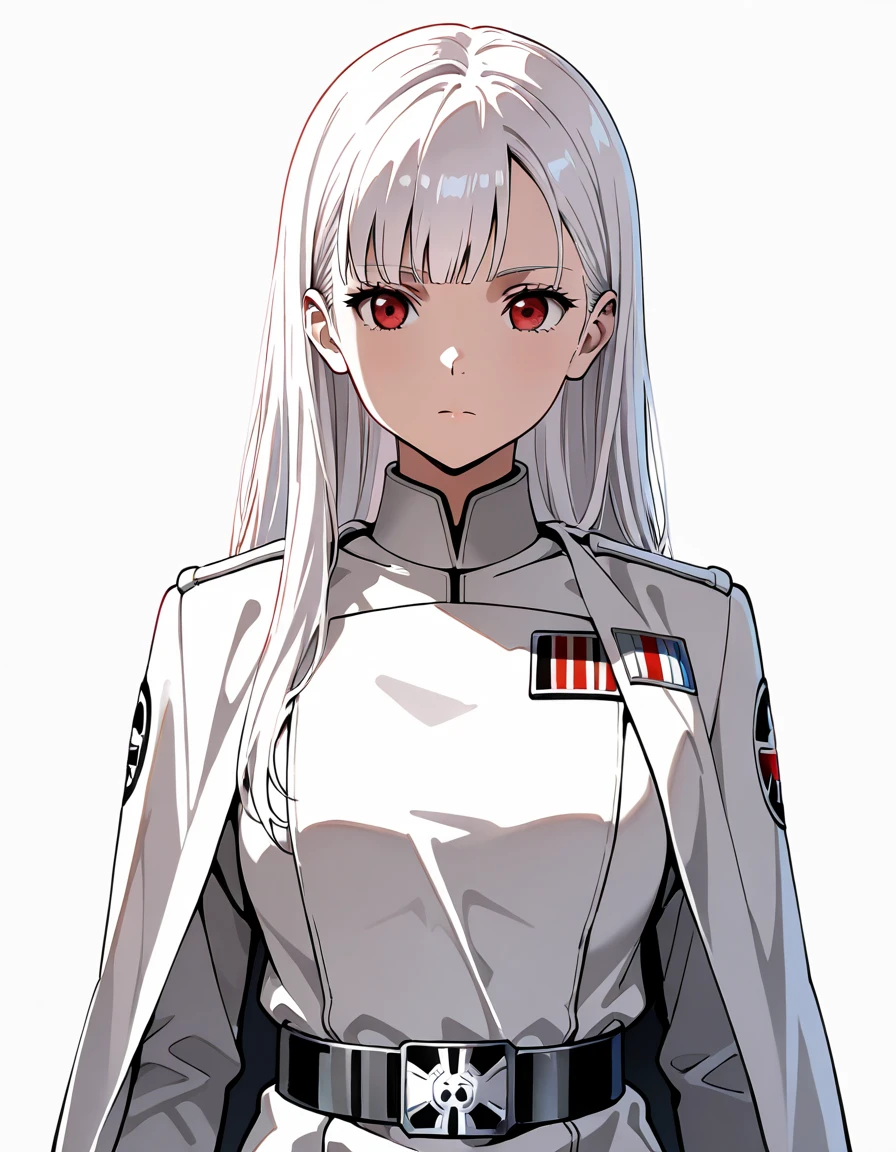 masterpiece,{{1girl}},white hair,red eyes,long hair,straight hair,Star Wars Galactic Empire White Military uniform,standing,form,{{simple background}},{{white background}},standing pose,facing front,anime,upper body,face forcus,shoulder cloak,