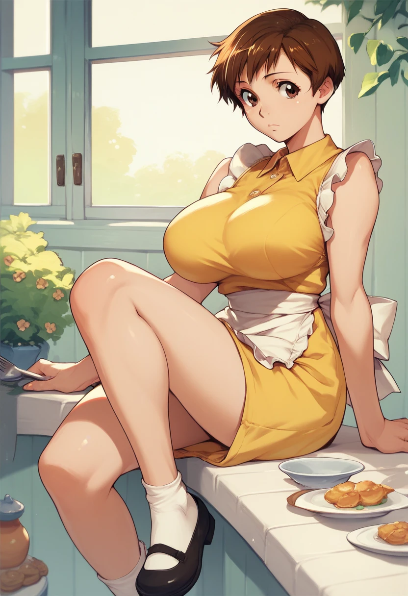 etsukoto, huge breasts,short hair,brown hair,brown eyes,
yellow dress, sleeveless dress, apron, white socks, mary janes