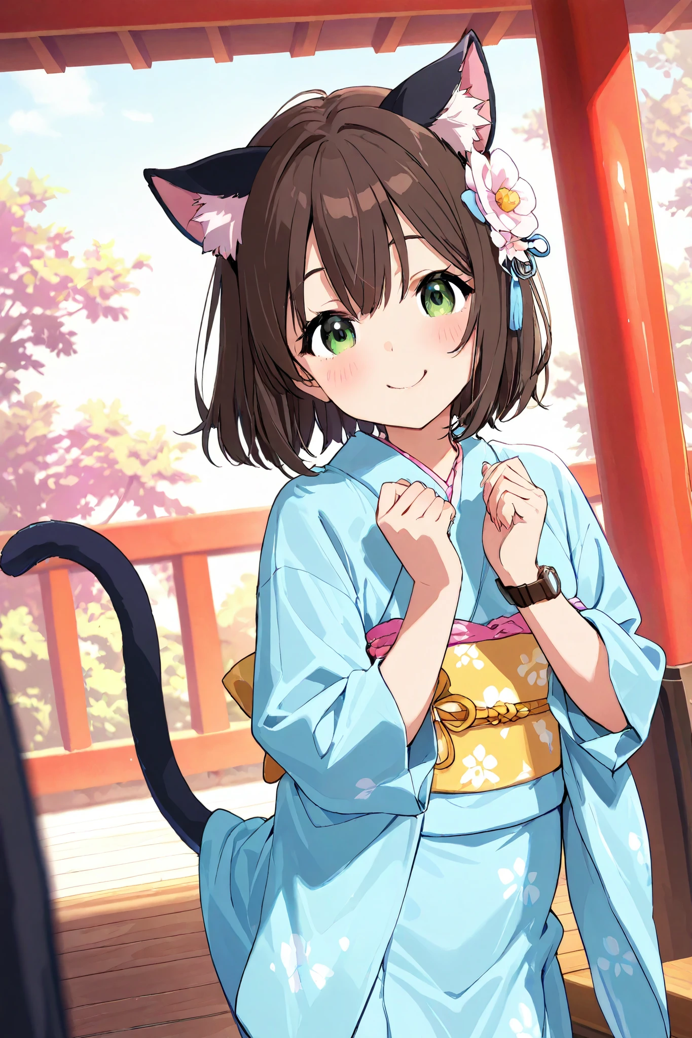 Cat ears、Cat tail、 girl 、 cute、smile、 embarrassing、 kimono、 Watch Viewers 、piece