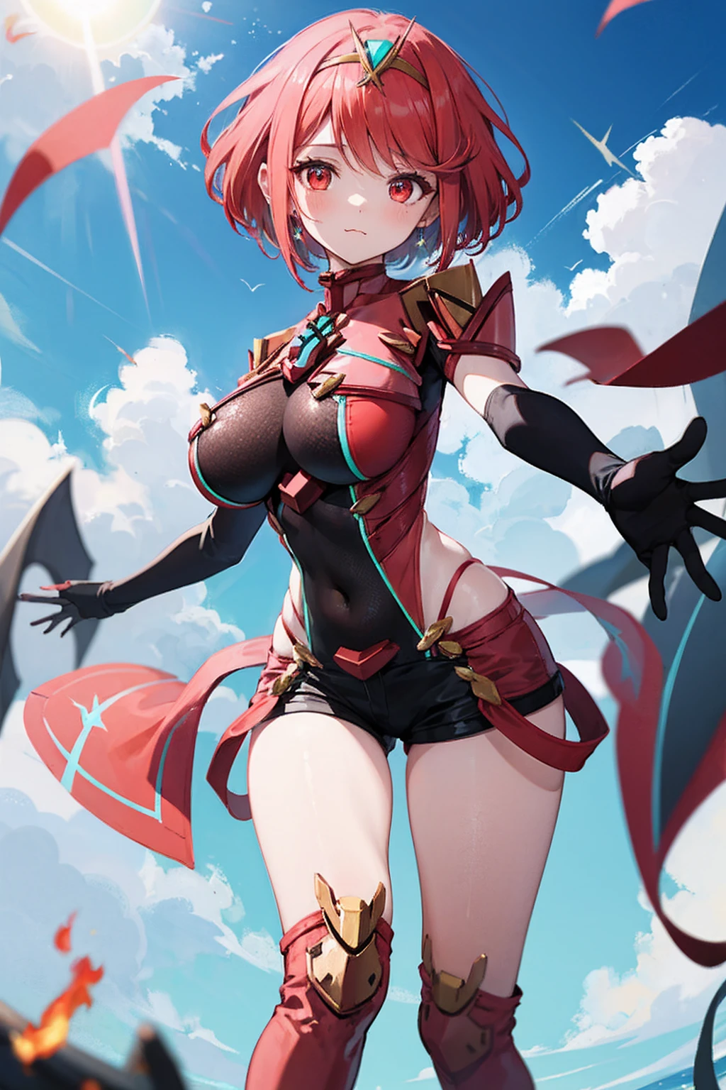 score_9, score_8_up, score_7_up, source_anime, rating_safe, BREAK pyra \(xenoblade\), 1girl, red hair, short hair, swept bangs, bob cut, red eyes, large breasts, tiara, earrings, chest jewel, backless outfit, bodysuit, covered navel, neon trim, clothing cutout, short sleeves, fingerless gloves, black gloves, short shorts, red footwear, thigh boots, floating, dutch angle, light smile, eye focus, closed mouth, looking at viewer, facing viewer, reaching towards viewer, outstretched arms, wind, floating hair, fire, aura, lightning, light particles, light rays, blue sky, cloud, sunlight, lens flare,(plump:0.7),:3