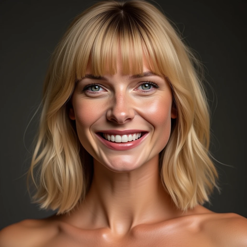 photographic, big smile,   Front view,  New face make for feel model, neck from face upper only, American beautiful woman, Rebecca Ferguson, (blond middle hair, fringe nose tall, small lip),  (textured skin , HI detailed skin, super realism ,  masterpiece, Hi detail, skin)