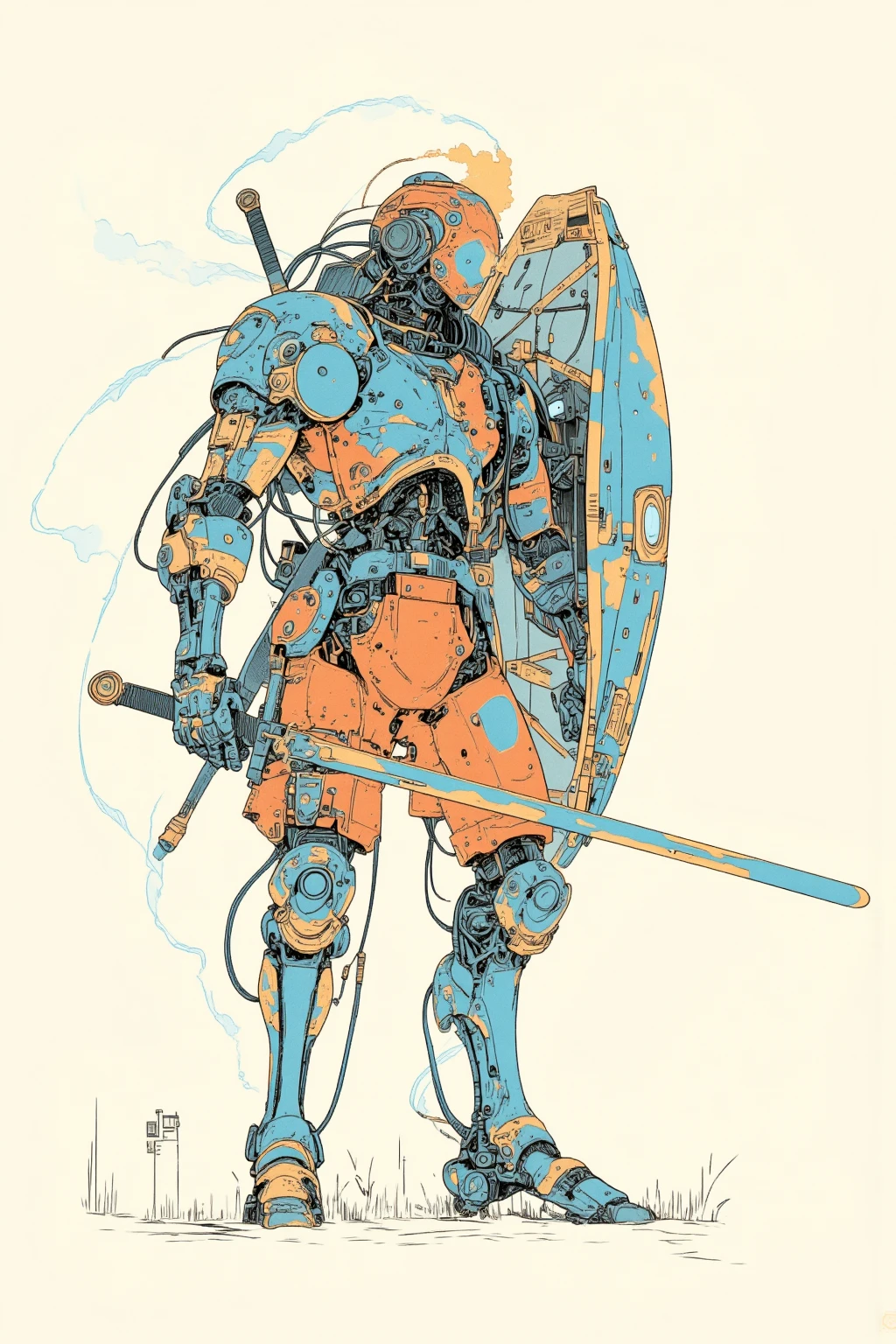  Picture of a mechanical soldier holding a shield and dragging a long sword,Steam from the joints , detailed mechanical ,Jean Giraud Mevius in a very thin inkline   ,  about the , Drawn with a single line,   ink outline  ,   ultra fine detail  , hand drawn, Jean Giraud Mevius in a very thin inkline   ,   painting is a picture of a mechanical soldier holding a shield and swinging down his sword  , Line drawing,   illustration black outline  , fine inking lines, is anatomically correct,  Pastel Color Illustration 