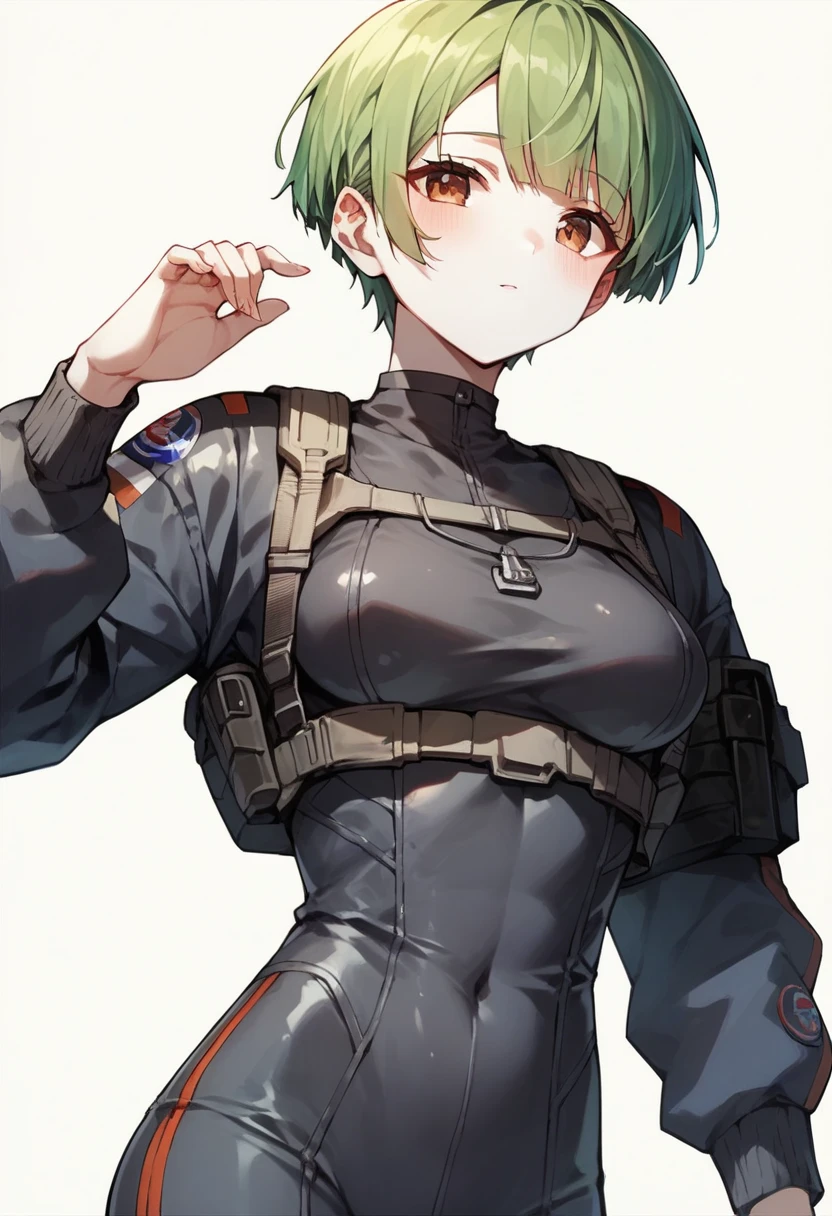 1woman, tall, white skin, short ((black)) and green hair with one streak of red hair, brown eyes, tight-fitting futuristic black combat suit, technology, slim build, anime style, white background