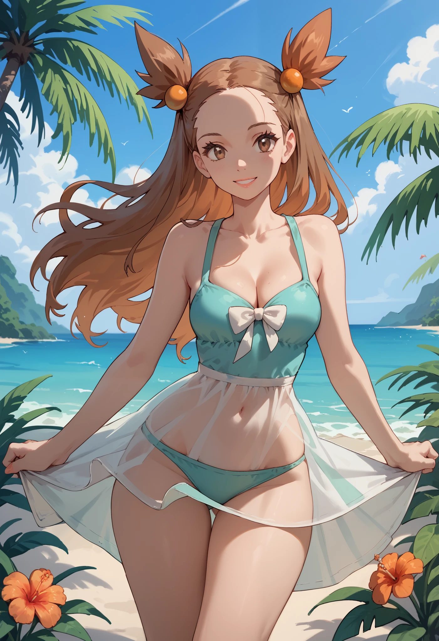 1girl, medium breasts, small waist, small hips, thin thighs, J4SM1N3, brown hair, long hair, pigtails, brown eyes, Orange hair ornament, bare shoulders, cleavage, outdoors, tropical beach, sunny, aqua bikini, skinny, grey sundress, smile