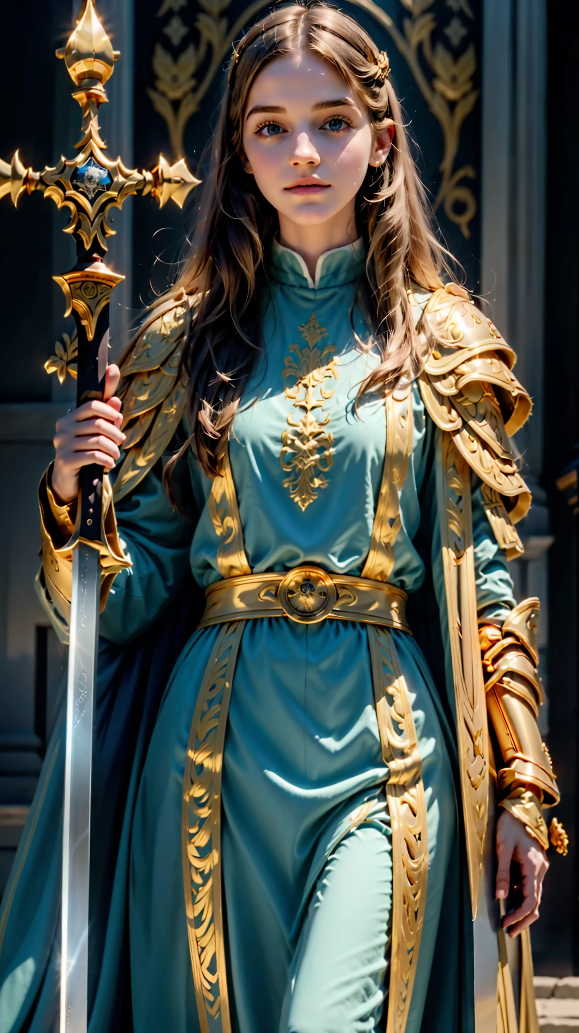 there is a woman in a blue dress holding a sword and a shield, gold clothing , female clergyman , gold-black uniform , Armadura preta e dourada, queen of the devil 4 , Female Wizard , Armadura preta e dourada, pretty female clergyman , image of female Paladin , portrait of a Female Wizard , golden robes , clergyman , golden technological robes , heavy obsidian gold armor , persephone , hermione_Granger_Emma_Watson-4400