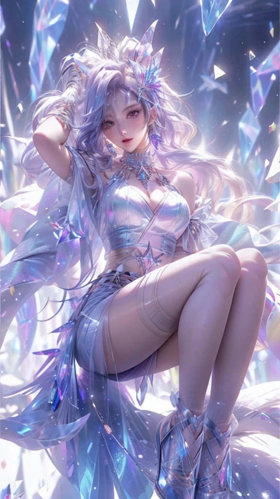((best quality)), ((masterpiece)), (detailed), humanoid, rainbow colored kitsune, crystal crown above head, light purple hair, light purple fox ears, crystallized foxtails, crystal foxtails, crystal face markings