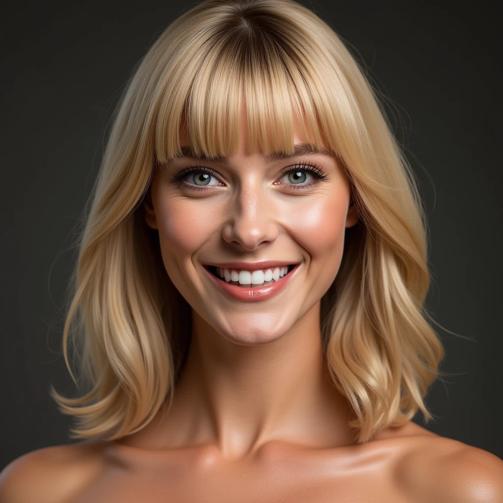 photographic, big smile,   Front view,  New face make for feel model, neck from face upper only, American beautiful woman, Rebecca Ferguson, (blond middle hair, fringe nose tall, small lip),  (textured skin , HI detailed skin, super realism ,  masterpiece, Hi detail, skin)