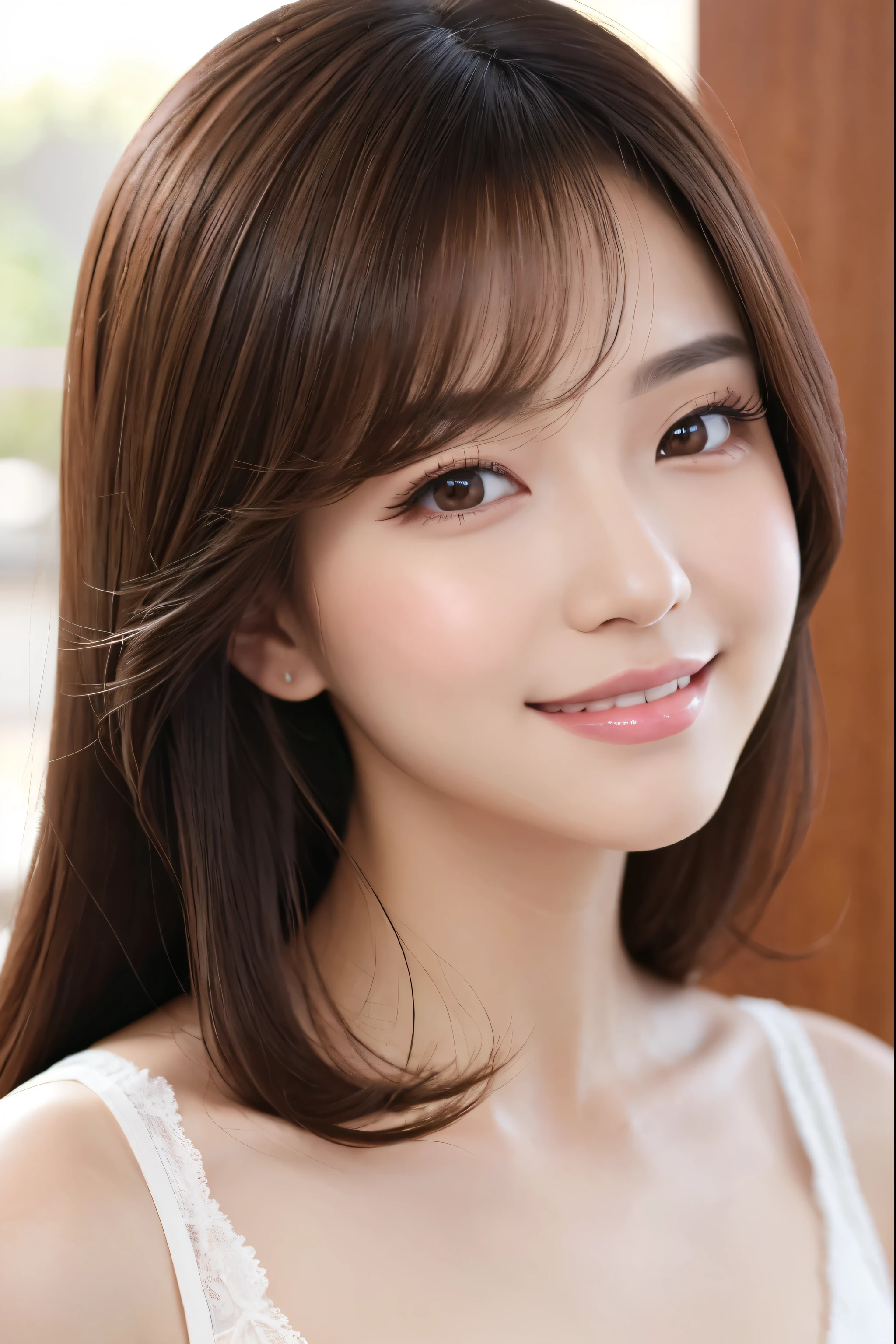 (((8ｋ,Attention to detail,Attention to detail、highest quality，masterpiece,Attention to detail))),RAW Photos & Realistic atmosphere,Beautiful dark eyes,Mouth Details,Glossy lips,Thin eyebrows,beautiful Eyes、Soft white skin that shines in every detail、Her deep black eyes are very beautiful,Very beautiful face,Very beautiful face、A vivid face,beautiful, Glistening lips,beautiful Eyebrows,Infinite Reality, Realistic Young Gravure Idol,Very cute woman , Young Gravure Idol, Young Gravure Idol, とても美しくてかわいいbeautiful 21 year old beauty,Incredibly beautiful and elegant，beautiful 21 year old beauty,Natural soft light,（Shiny Hair,,beautiful and kind eyes：1.5）,A kind smile,Shapely breasts,Long Hair,beautiful posture,No makeup,Let&#39;s take a look at the camera,(((White blouse，Bra shows through)))