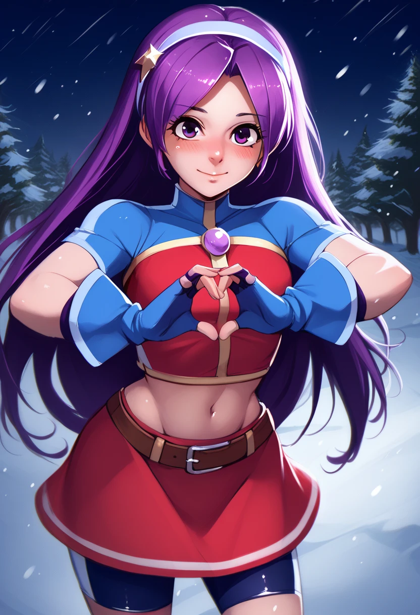 score_9, score_8_up, score_7_up, score_6_up,ATHKOF2002, purple hair, long hair, purple eyes, white hairband, blue sleeves, pearl (gemstone), short sleeves, red top, belt, fingerless gloves, navel, red skirt, biker shorts,  blush, solo,skin tight clothes, standing , light breeze, night,snow,winter,shiny skin, midriff, (light smile:0.7), hentai ,webcomic ,p4l0m4, from above, cupping hands, dutch angel