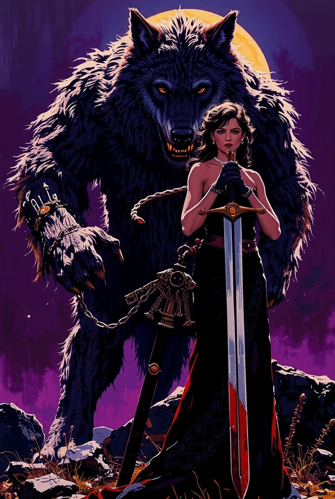 sexy Vampire girl in fighting stance with sword looking towards attacking gigantic werewolf, dark Purple background, dominates lithographic cinematic painting, mixed media print showcasing advanced organic technology, clear engraved outlines on subtle bokeh background, warm morning rays with subtle shadows, subtle textured background . In the style of Frank Frazetta. 3D stone finishing, exquisite long strokes, volumetric, dramatic lighting intertwined with sandstone texture, print transfer technique, resin gloss texture, oil, resin, grainy textures enhancing tactile aesthetics, aerial perspective breaking through the darkness, mystical elements with spotlights on a rusty background. Textures highlighting details, bright colors enhance the mood of the work of art. In the style of Frank Frazetta.