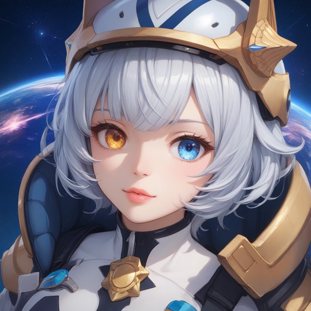  close up of a better masterpiece：1.5)0.9]、(Space and astronauts：1.2) (Disheveled silver hair：1.1) (Heterochromia and Yellow and Blue Eyes：1.2) ( space helmet：1.0) (Colored stars in the eyes：1.0) (Shining Light：1.1) (Thick lips：0.9)