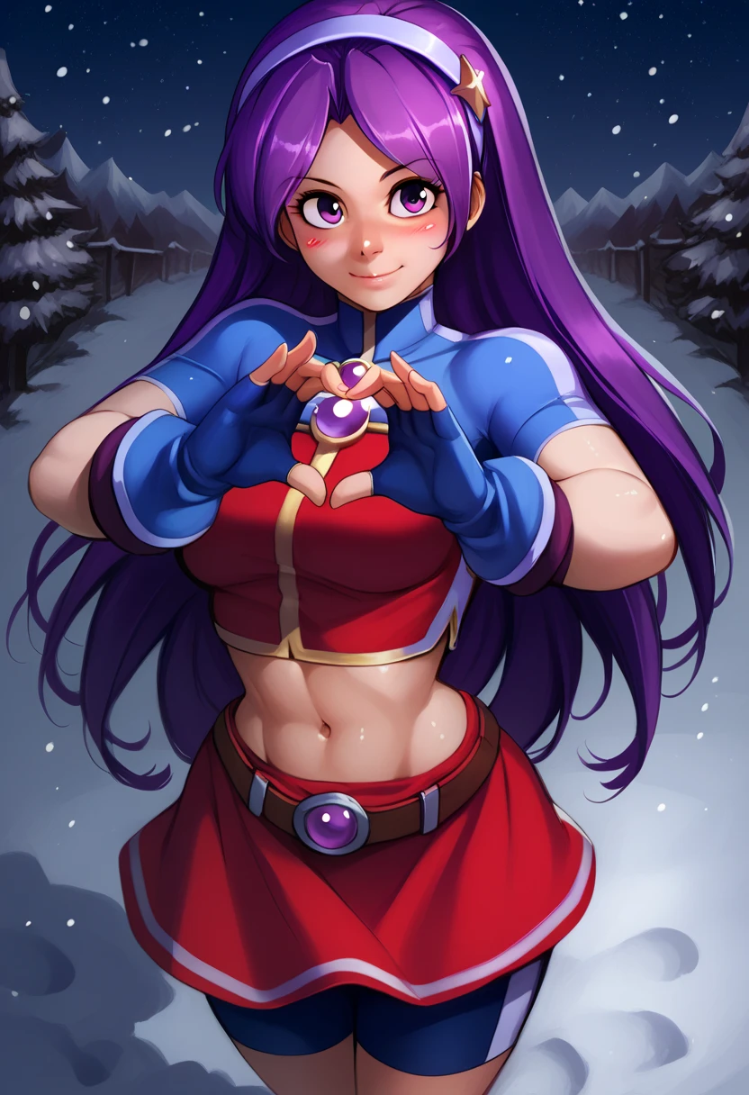 Masterpiece,best quality,ATHKOF2002, purple hair, long hair, purple eyes, white hairband, blue sleeves, pearl (gemstone), short sleeves, red top, belt, fingerless gloves, navel, red skirt, biker shorts,  blush, solo,skin tight clothes, standing , light breeze, night,snow,winter,shiny skin, midriff, (light smile:0.7), hentai ,webcomic ,p4l0m4, from above, cupping hands, dutch angel