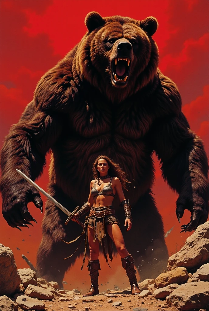 sexy barbarian girl in fighting stance with sword looking towards attacking gigantic monster bear, dark red background, dominates lithographic cinematic painting, mixed media print showcasing advanced organic technology, clear engraved outlines on subtle bokeh background, warm morning rays with subtle shadows, subtle textured background . In the style of Frank Frazetta. 3D stone finishing, exquisite long strokes, volumetric, dramatic lighting intertwined with sandstone texture, print transfer technique, resin gloss texture, oil, resin, grainy textures enhancing tactile aesthetics, aerial perspective breaking through the darkness, mystical elements with spotlights on a rusty background. Textures highlighting details, bright colors enhance the mood of the work of art. In the style of Frank Frazetta.