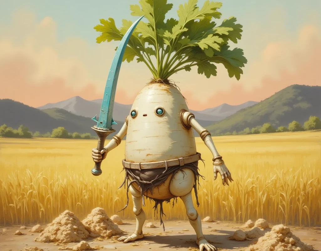 Oil painting. Overall view of a radish robot. Coarse, impasto brushstrokes give it a textured, almost sculptural appearance. The robot is made of rusted metal, partly painted in faded white, with other parts revealing dark underlying metal and gears, with bright blue eyes shining through. In the middle of its swing, the robot uses a poorly made blue energy sword to cut through the golden rice, using thickly painted paint to add depth. He bends forward, grabs the base of the rice and cuts with his sword:1.3. piled ears of rice. The paddy fields are painted with expressive brushstrokes and the golden rice is heavily ripe. The sky is a hazy sunset with hints of warm orange, yellow and purple mixed in, using the wet-on-wet technique common in oil paintings. The background includes blurred hillsides, adding depth and atmosphere to the scene. The overall effect is a rustic, almost impressionistic landscape of robots working in a field. Lighting is soft and diffused, with highlights capturing the robot's thick brushstrokes.