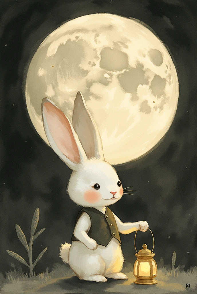 monochrome,watercolor painting, Big full moon with small ears and cute white rabbit wearing a small vest and holding a lantern glowing surrealistic