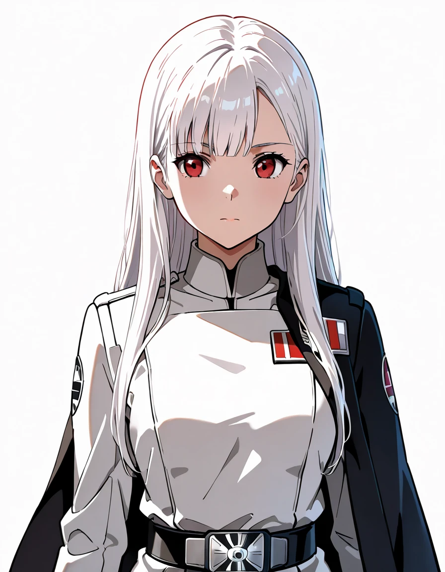 masterpiece,{{1girl}},white hair,red eyes,long hair,straight hair,Star Wars Galactic Empire White Military uniform,standing,form,{{simple background}},{{white background}},standing pose,facing front,anime,upper body,face forcus,shoulder cloak,