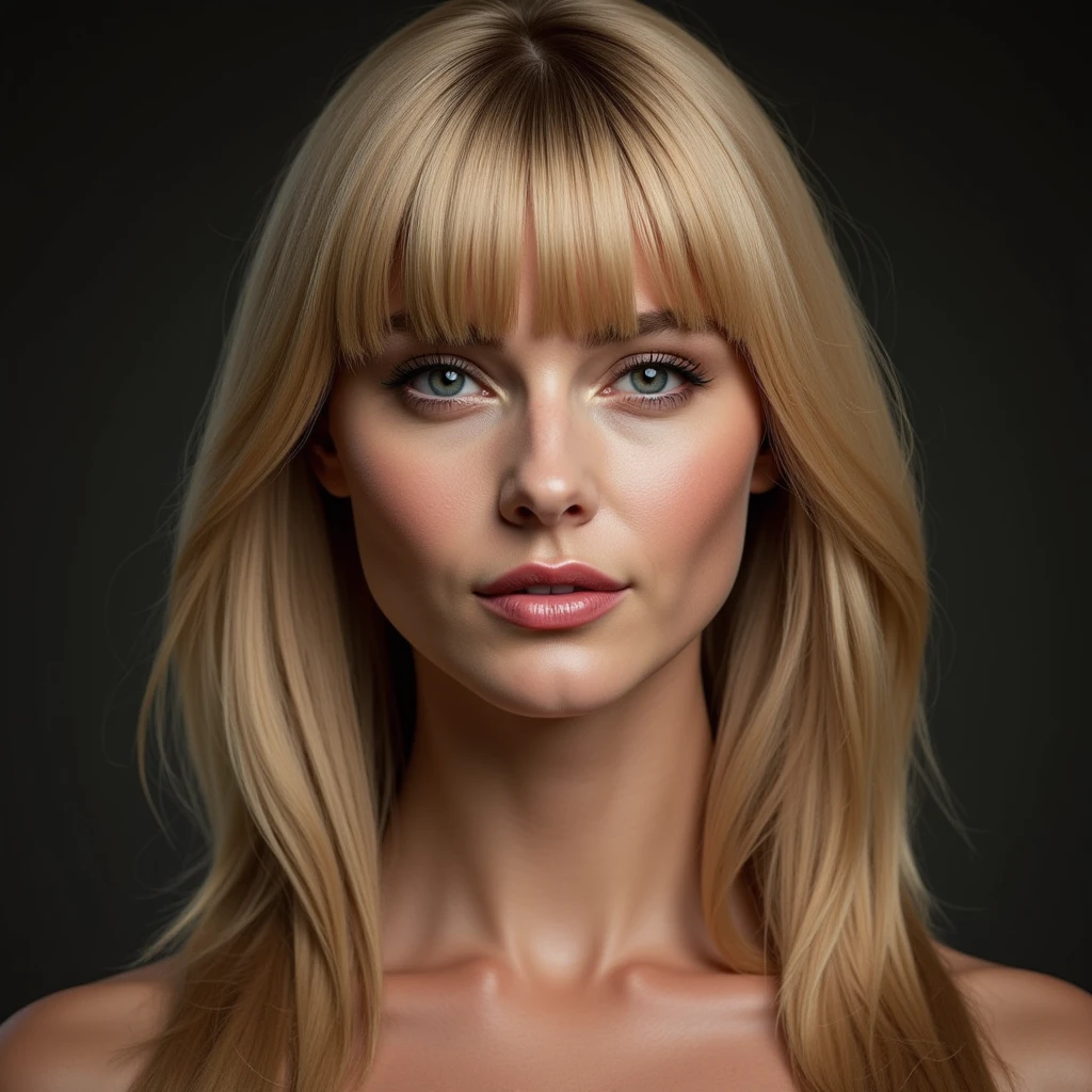 photographic, serious,   Front view,  New face make for feel model, neck from face upper only, American beautiful woman, Rebecca Ferguson, (blond middle hair, fringe nose tall, small lip),  (textured skin , HI detailed skin, super realism ,  masterpiece, Hi detail, skin)