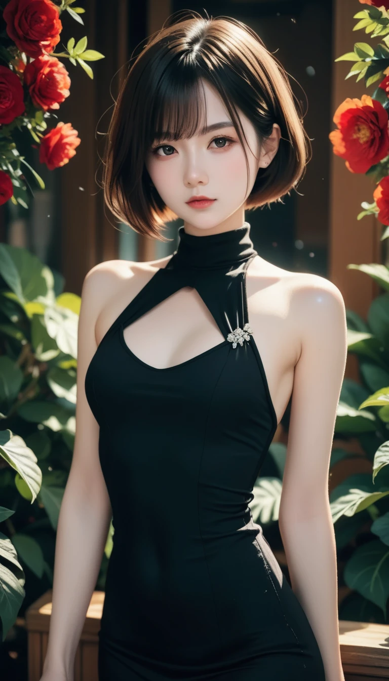 Center of chest,  black dress,  turtleneck , (((-yeld gi  slim,  short hair)))