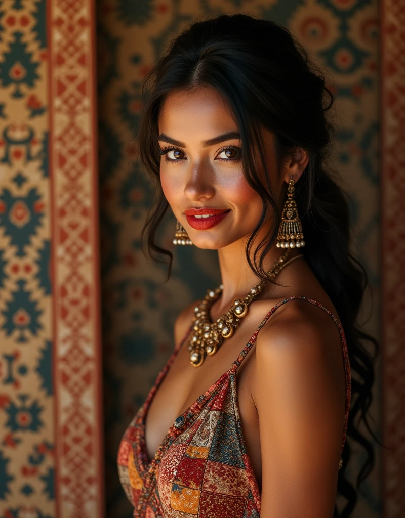 A beautiful Moroccan girl, brown dark eyes, 26 years old, olhos amendoados, oval face shape, Wavy hair, 170cm, 65kg, high-detailed face, Detailed texture skin, elegant poses, colorful moroccan dress, gold jewelry, natural lighting, dramatic shadows, Warm Color Palette, portraite, realisitic, photorealisitic, 8k, work of art