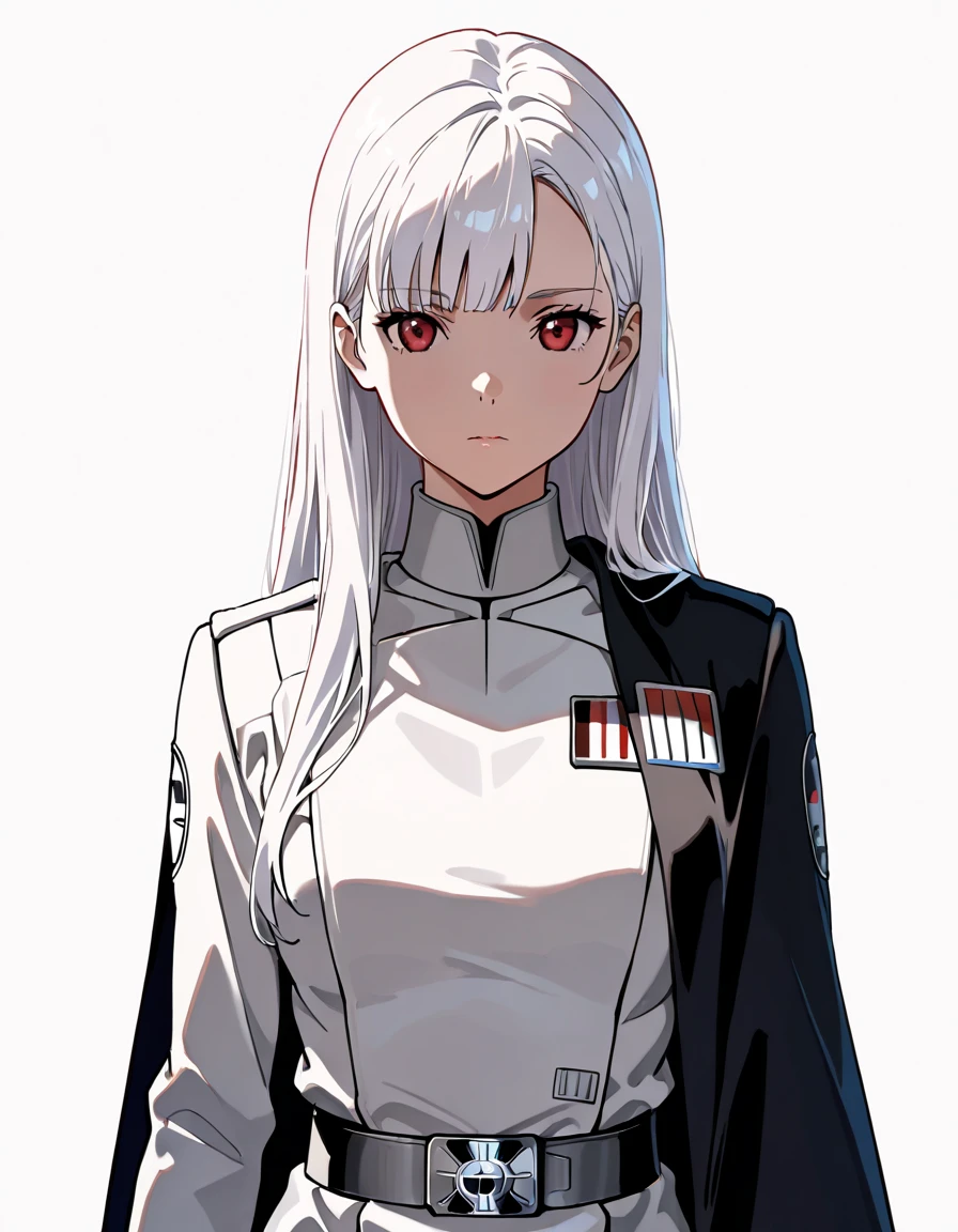 masterpiece,{{1girl}},white hair,red eyes,long hair,straight hair,Star Wars Galactic Empire White Military uniform,standing,form,{{simple background}},{{white background}},standing pose,facing front,anime,upper body,face forcus,shoulder cloak,from lighting,ambient light