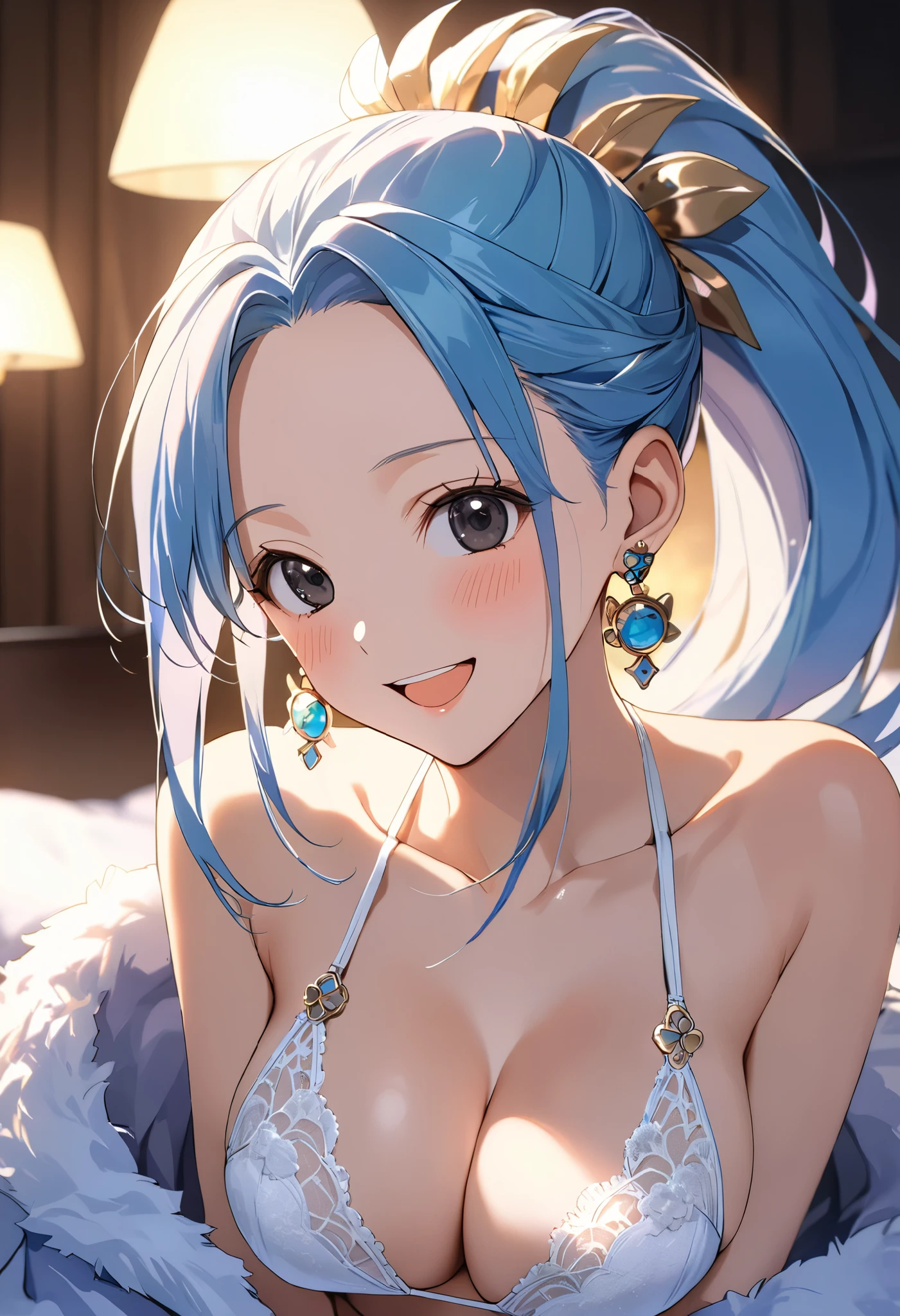 16k,masterpiece,animated painting, ultra detailed background, delicate pattern, intricate detail,highly detailed, fine details,best quality,beautiful lighting, absurdres,(Nefeltari Vivi:1.3),(onepiece:1.5),1990s \(style\),25 years old,adult beautiful lady,(E-cup beautiful breasts),clevage, (tall:1.2),height: 175cm,Fashion model body type、1girl, long hair,(forehead:1.2), blue hair,parted bang,slicked back hair,big eyes,black eyes,long eyeblushes,solo,big laugh,blush,shiy, earrings,(white lace bikini underware:1.3), ponytail, hair ornament,Close up on upper body,Cinematic lighting,Superfine,in the room,night,winter,(sexy),extreme closeup