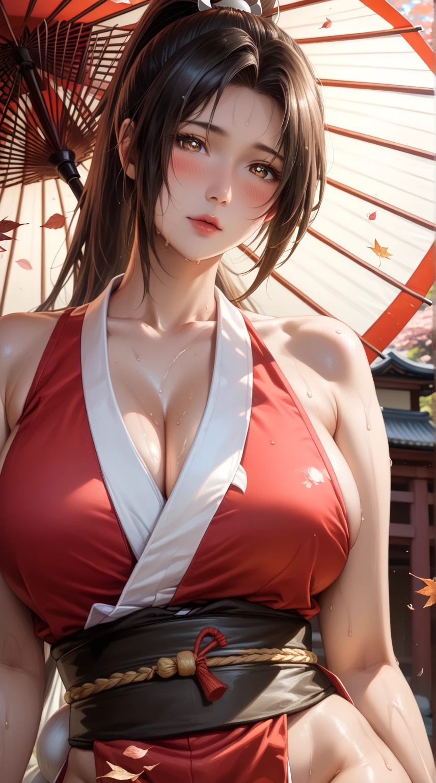 score_9,score_8_up,score_7_up,high res image,masterpiece,best quality,realistic,Mai Shiranui,(plump:1.7),(black pupil:1.2),(brown black hair:1.3),(High ponytail:1.3),(blush:1.3),(sweat:1.3),(facing the camera:1.4),(umbrella:1.3),(cowboy_shot:1.3),(maple_leaf:1.2),(taking_picture:1.4),(revealing japanese clothes, pelvic curtain:1.5),