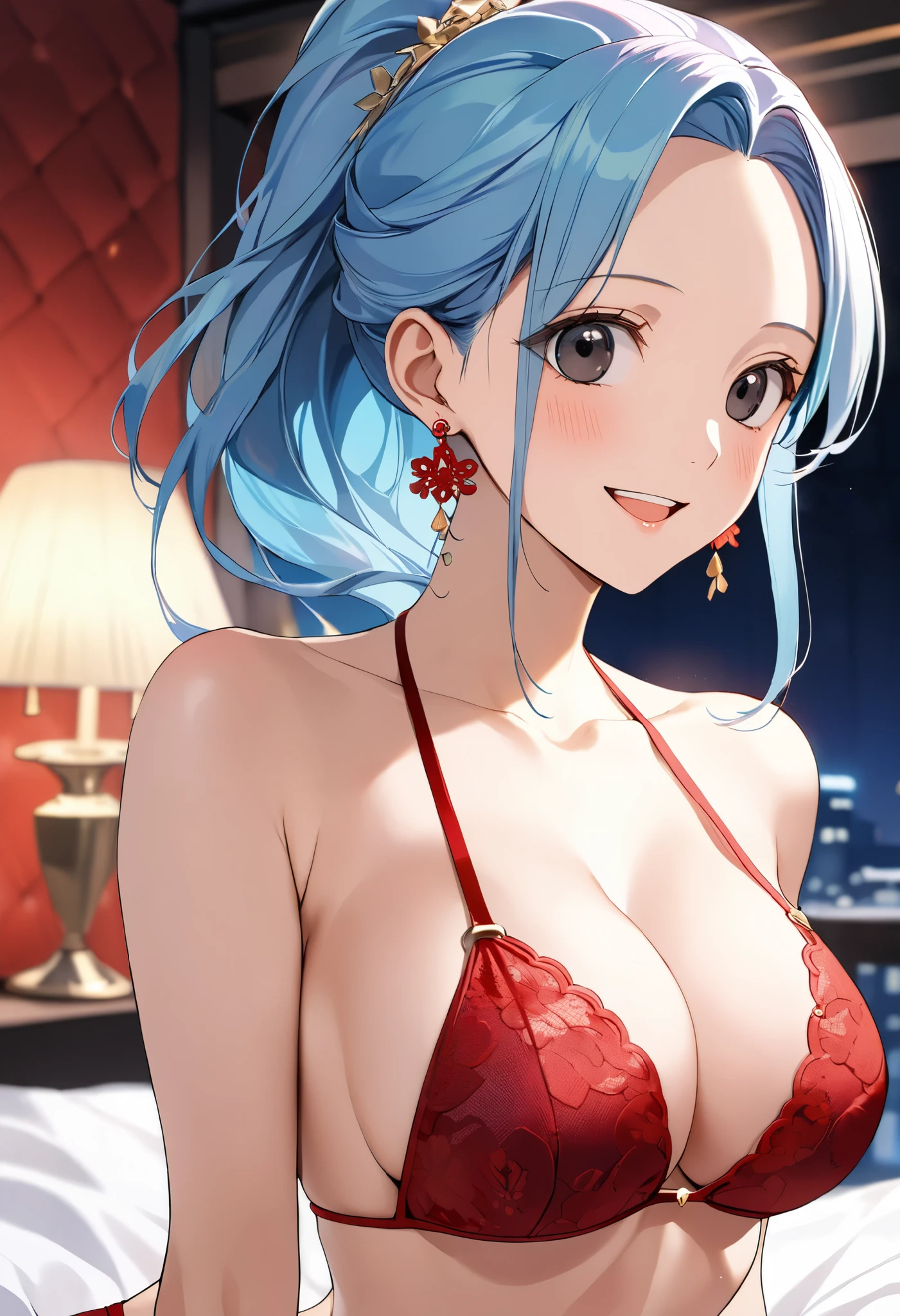 16k,masterpiece,animated painting, ultra detailed background, delicate pattern, intricate detail,highly detailed, fine details,best quality,beautiful lighting, absurdres,(Nefeltari Vivi:1.3),(onepiece:1.5),1990s \(style\),25 years old,adult beautiful lady,(E-cup beautiful breasts),clevage, (tall:1.2),height: 175cm,Fashion model body type、1girl, long hair,(forehead:1.2), blue hair,parted bang,slicked back hair,big eyes,black eyes,long eyeblushes,solo,big laugh,blush,shiy, earrings,(red lace bikini underware:1.3), ponytail, hair ornament,Close up on upper body,Cinematic lighting,Superfine,in the room,night,winter,(sexy),extreme closeup