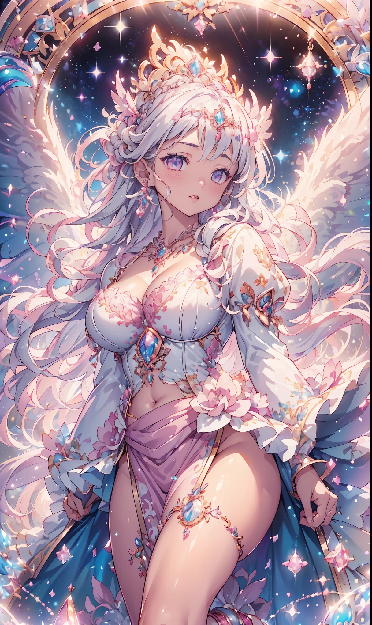 (Beautiful, beautiful , Very detailed, masterpiece, high quality , confuse, high resolution, Full HD, 16K, Soft Edge, Soft lines),( dynamic angle),Flying in the air , dramatic lighting , pastel colors , soft lighting ,((Moonlight Night, beautiful 月)), starry sky ,meteor群,meteor,(fairy tale princess, Purple Eyes, Long eyelashes, White Skin,, light pink plump lips , pale pink cheeks , The wind is blowing,White fluffy hair,,( tall nose ,Small nose),( Huge fairy wings grow from above her waist.:1.1),Silver decoration,diamond crown,Diamond Earrings,Diamond Earrings, diamond necklace ,(Silver Ball Gown:1.1), Silver lace and frills , (fantasy, Romantic atmosphere )